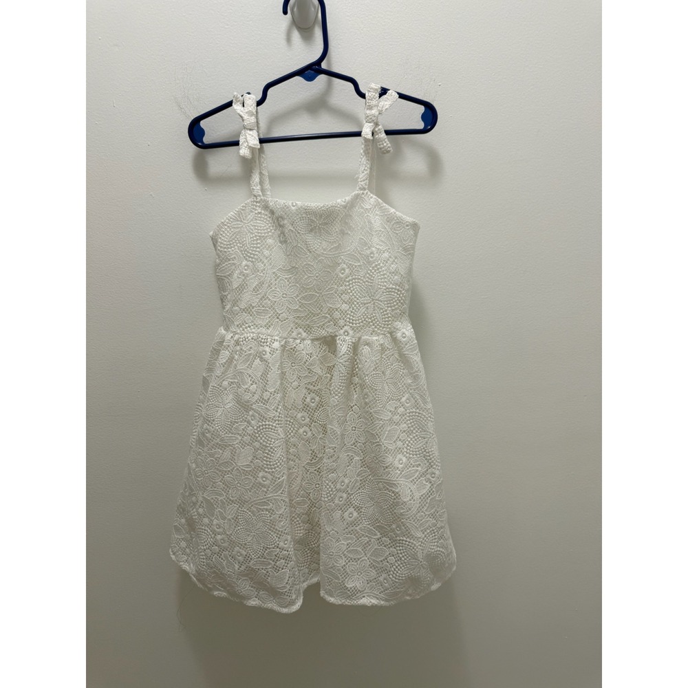 Janie and Jack Girls White Floral Lace Bow Strap Dress Size 5 Special Occasion